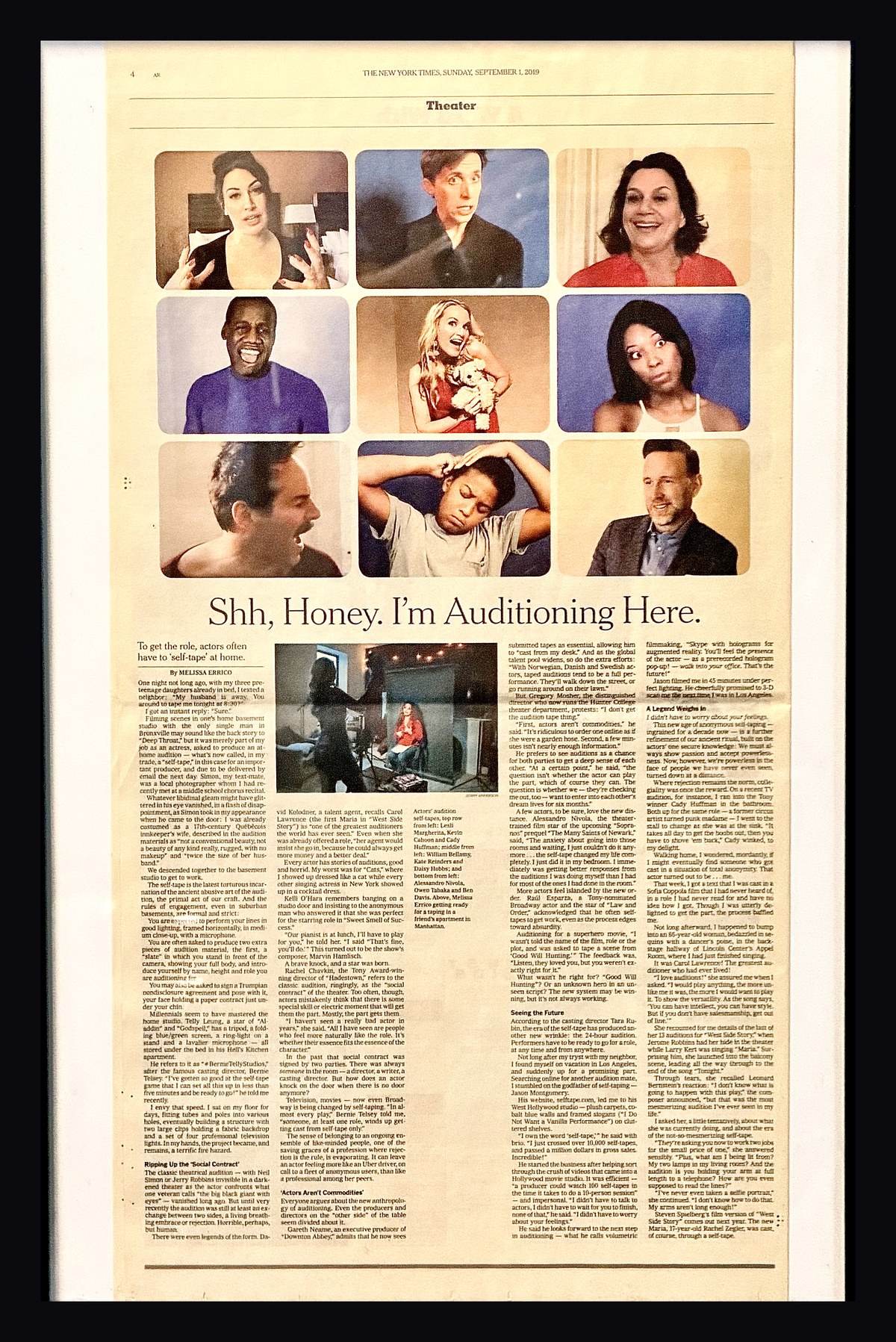 The full New York Times feature on self-tape auditions, framed on the studio wall